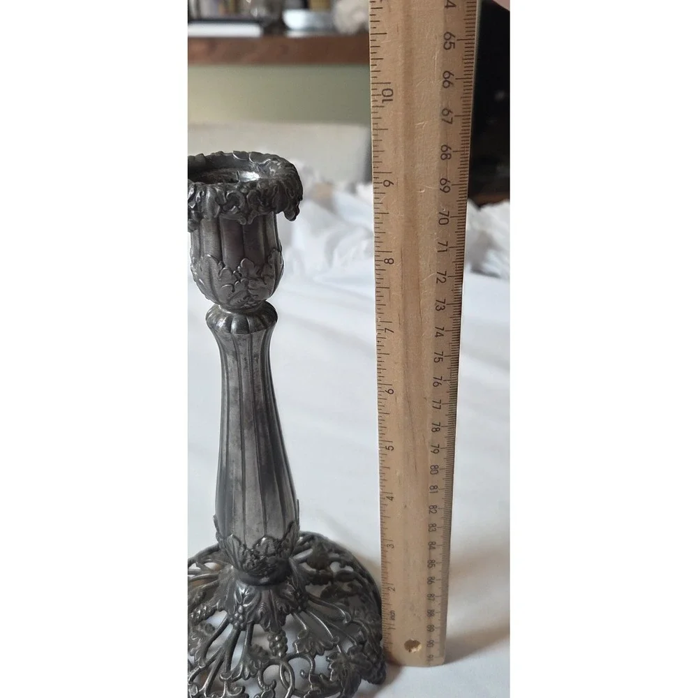 Antique‎ Art Nouveau Grape Vine Candlestick Pewter Pierced Base 9